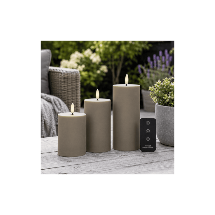 LED bloklys -udendørs, sand, 3 stk. inkl. fjernbetjening